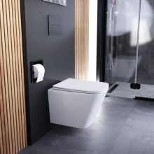 HD Adel Glossy White Ultracsendes Tornado perem nélküli mély öblítésű szögletes fali WC slim "S" tetővel és matt fekete zsanérral