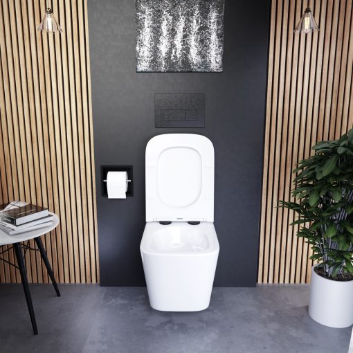 HD Adel Glossy White Ultracsendes Tornado perem nélküli mély öblítésű szögletes fali WC slim "S" tetővel és matt fekete zsanérral