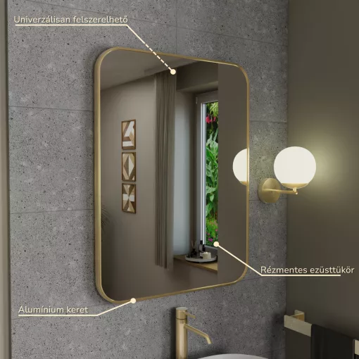 HD Kim Gold 60x80 cm széles fürdőszobai szögletes fali tükör, arany színű alumínium kerettel