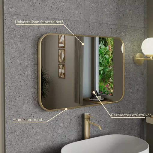 HD Kim Gold 70x50 cm széles fürdőszobai szögletes fali tükör, arany színű alumínium kerettel