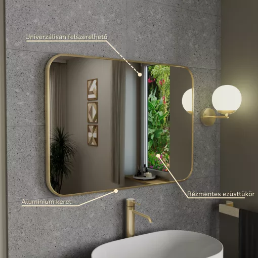 HD Kim Gold 80x60 cm széles fürdőszobai szögletes fali tükör, arany színű alumínium kerettel
