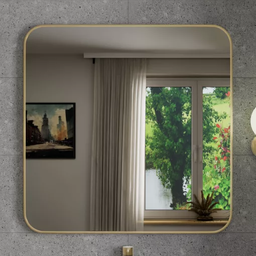 HD Kim Brushed Gold 80x80 cm széles fürdőszobai fali szögletes tükör, szálcsiszolt arany színű alumínium kerettel