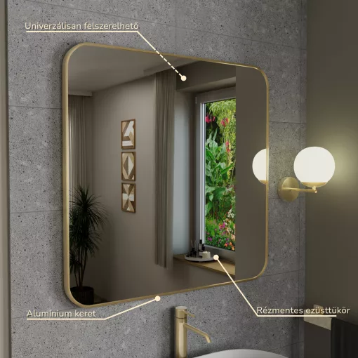 HD Kim Brushed Gold 80x80 cm széles fürdőszobai fali szögletes tükör, szálcsiszolt arany színű alumínium kerettel
