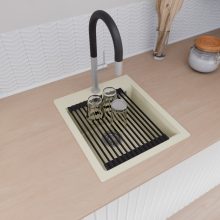 HD Infinity White 43 egymedencés gránit mosogatótálca szett, matt fekete csepegtetőráccsal, tört fehér színben, szálcsiszolt króm leeresztő szifonnal