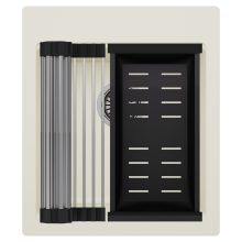 HD Infinity White 43 egymedencés gránit mosogatótálca szett, acél csepegtetőráccsal és matt fekete kosárral, tört fehér színben, szálcsiszolt króm leeresztő szifonnal