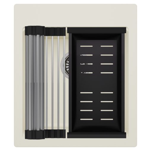 HD Infinity White 43 egymedencés gránit mosogatótálca szett, acél csepegtetőráccsal és matt fekete kosárral, tört fehér színben, szálcsiszolt króm leeresztő szifonnal