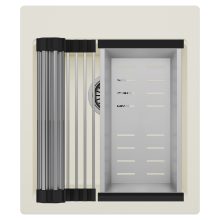 HD Infinity White 43 egymedencés gránit mosogatótálca szett, acél csepegtetőráccsal és kosárral, tört fehér színben, szálcsiszolt króm leeresztő szifonnal