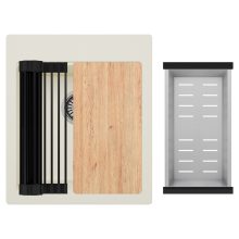 HD Infinity White 43 egymedencés gránit mosogatótálca szett, vágódeszkával, matt fekete csepegtetőráccsal és krómozott kosárral, tört fehér színben, szálcsiszolt króm leeresztő szifonnal