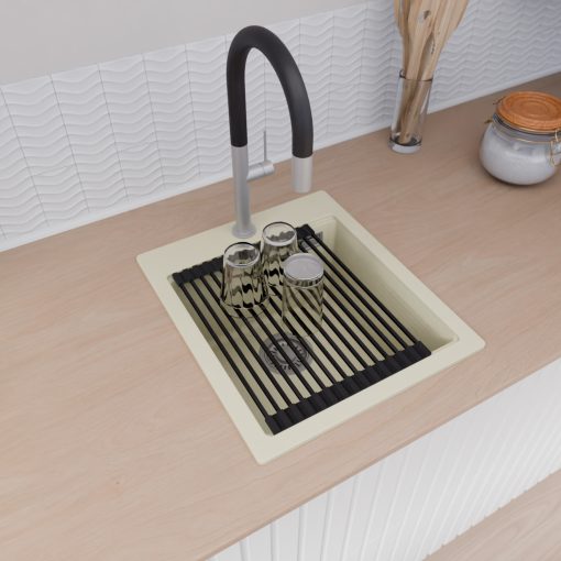 HD Infinity White 43 egymedencés gránit mosogatótálca szett, vágódeszkával, matt fekete csepegtetőráccsal és krómozott kosárral, tört fehér színben, szálcsiszolt króm leeresztő szifonnal