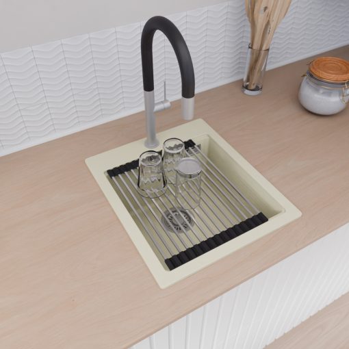 HD Infinity White 43 egymedencés gránit mosogatótálca szett, vágódeszkával, acél csepegtetőráccsal és matt fekete kosárral, tört fehér színben, szálcsiszolt króm leeresztő szifonnal