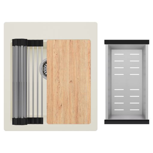 HD Infinity White 43 egymedencés gránit mosogatótálca szett, acél csepegtetőráccsal és kosárral, tört fehér színben, szálcsiszolt króm leeresztő szifonnal