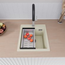 HD Infinity White 43 egymedencés gránit mosogatótálca szett, acél csepegtetőráccsal és kosárral, tört fehér színben, szálcsiszolt króm leeresztő szifonnal