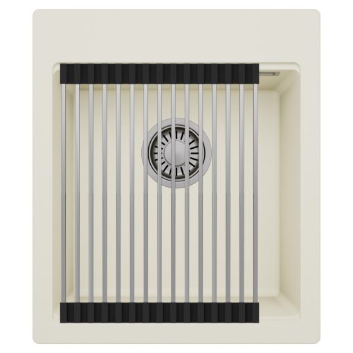 HD Infinity White 43 egymedencés gránit mosogatótálca szett, acél csepegtetőráccsal, tört fehér színben, szálcsiszolt króm leeresztő szifonnal