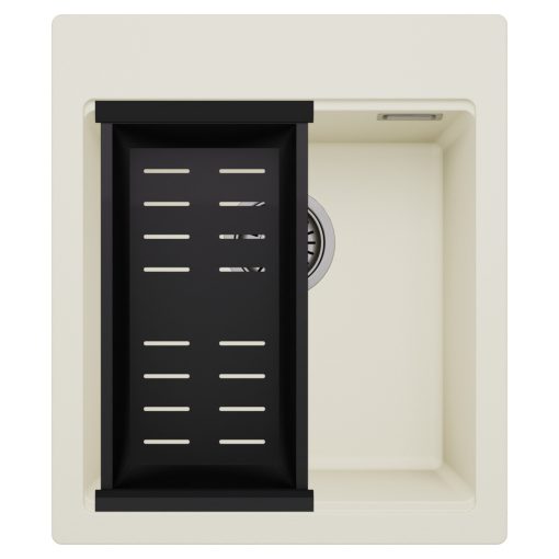 HD Infinity White 43 egymedencés gránit mosogatótálca szett, matt fekete csepegtetőkosárral, tört fehér színben, szálcsiszolt króm leeresztő szifonnal