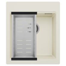 HD Infinity White 43 egymedencés gránit mosogatótálca szett, acél csepegtetőkosárral, tört fehér színben, szálcsiszolt króm leeresztő szifonnal