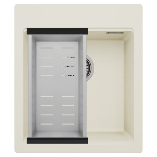 HD Infinity White 43 egymedencés gránit mosogatótálca szett, acél csepegtetőkosárral, tört fehér színben, szálcsiszolt króm leeresztő szifonnal