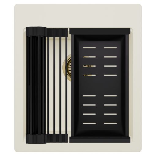 HD Infinity White 43 egymedencés gránit mosogatótálca szett, matt fekete csepegtetőráccsal és kosárral, tört fehér színben, szálcsiszolt arany leeresztő szifonnal