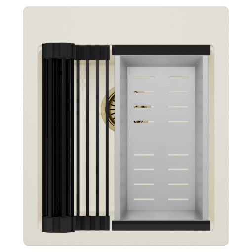 HD Infinity White 43 egymedencés gránit mosogatótálca szett, matt fekete csepegtetőráccsal és krómozott kosárral, tört fehér színben, szálcsiszolt arany leeresztő szifonnal