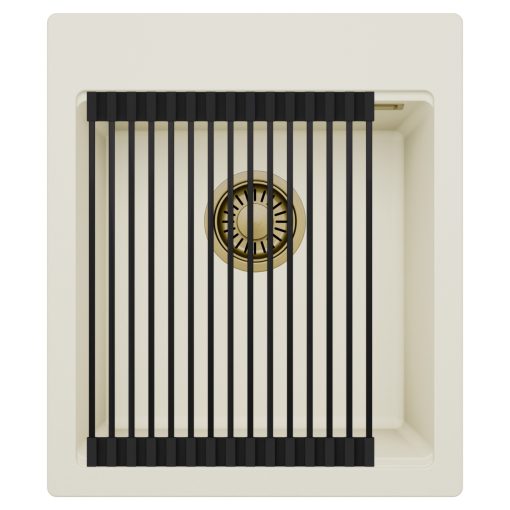 HD Infinity White 43 egymedencés gránit mosogatótálca szett, matt fekete csepegtetőráccsal, tört fehér színben, szálcsiszolt arany leeresztő szifonnal