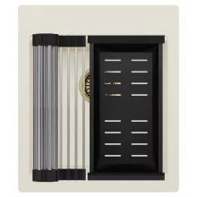 HD Infinity White 43 egymedencés gránit mosogatótálca szett, acél csepegtetőráccsal és matt fekete kosárral, tört fehér színben, szálcsiszolt arany leeresztő szifonnal