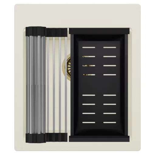 HD Infinity White 43 egymedencés gránit mosogatótálca szett, acél csepegtetőráccsal és matt fekete kosárral, tört fehér színben, szálcsiszolt arany leeresztő szifonnal