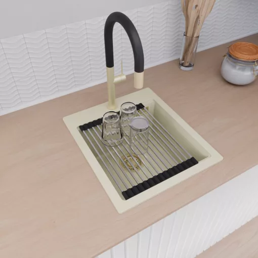 HD Infinity White 43 egymedencés gránit mosogatótálca szett, acél csepegtetőráccsal és matt fekete kosárral, tört fehér színben, szálcsiszolt arany leeresztő szifonnal