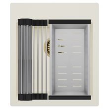 HD Infinity White 43 egymedencés gránit mosogatótálca szett, acél csepegtetőráccsal és kosárral, tört fehér színben, szálcsiszolt arany leeresztő szifonnal