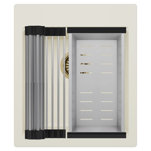 HD Infinity White 43 egymedencés gránit mosogatótálca szett, acél csepegtetőráccsal és kosárral, tört fehér színben, szálcsiszolt arany leeresztő szifonnal