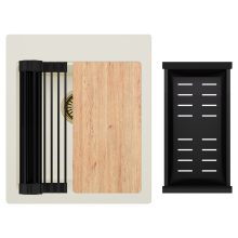 HD Infinity White 43 egymedencés gránit mosogatótálca szett, vágódeszkával, matt fekete csepegtetőráccsal és kosárral, tört fehér színben, szálcsiszolt arany leeresztő szifonnal