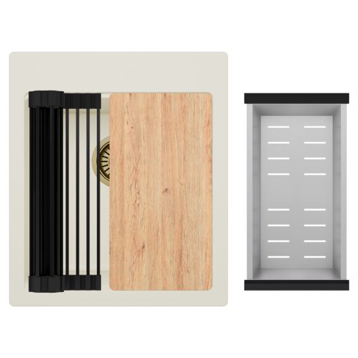 HD Infinity White 43 egymedencés gránit mosogatótálca szett, vágódeszkával, matt fekete csepegtetőráccsal és krómozott kosárral, tört fehér színben, szálcsiszolt arany leeresztő szifonnal