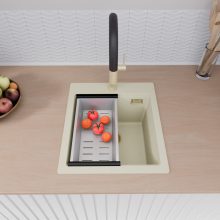 HD Infinity White 43 egymedencés gránit mosogatótálca szett, vágódeszkával, matt fekete csepegtetőráccsal és krómozott kosárral, tört fehér színben, szálcsiszolt arany leeresztő szifonnal