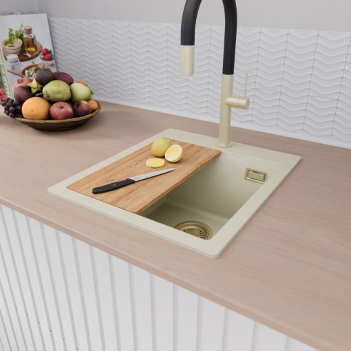 HD Infinity White 43 egymedencés gránit mosogatótálca szett, vágódeszkával, acél csepegtetőráccsal és matt fekete kosárral, tört fehér színben, szálcsiszolt arany leeresztő szifonnal