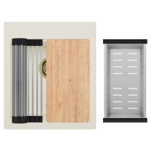 HD Infinity White 43 egymedencés gránit mosogatótálca szett, vágódeszkával, acél csepegtetőráccsal és kosárral, tört fehér színben, szálcsiszolt arany leeresztő szifonnal