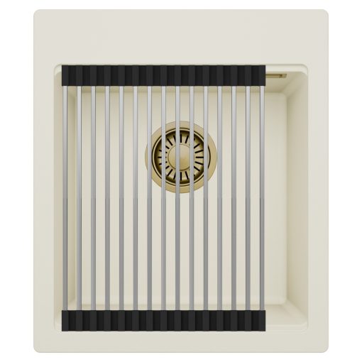 HD Infinity White 43 egymedencés gránit mosogatótálca szett, acél csepegtetőráccsal, tört fehér színben, szálcsiszolt arany leeresztő szifonnal