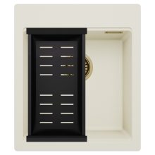 HD Infinity White 43 egymedencés gránit mosogatótálca szett, matt fekete csepegtetőkosárral, tört fehér színben, szálcsiszolt arany leeresztő szifonnal