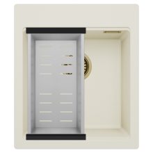 HD Infinity White 43 egymedencés gránit mosogatótálca szett, acél csepegtetőkosárral, tört fehér színben, szálcsiszolt arany leeresztő szifonnal