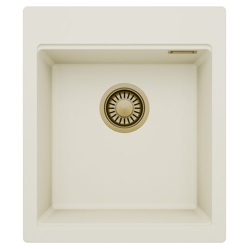 HD Infinity White 43 egymedencés gránit mosogatótálca, tört fehér színben, szálcsiszolt arany leeresztő szifonnal