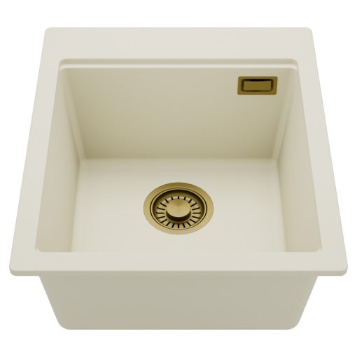 HD Infinity White 43 egymedencés gránit mosogatótálca, tört fehér színben, szálcsiszolt arany leeresztő szifonnal