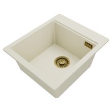 HD Infinity White 43 egymedencés gránit mosogatótálca, tört fehér színben, szálcsiszolt arany leeresztő szifonnal