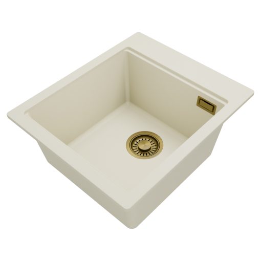 HD Infinity White 43 egymedencés gránit mosogatótálca, tört fehér színben, szálcsiszolt arany leeresztő szifonnal