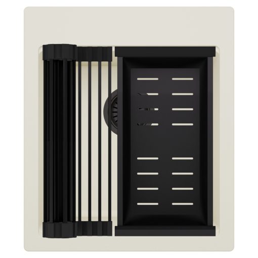 HD Infinity White 43 egymedencés gránit mosogatótálca szett, matt fekete csepegtetőráccsal és kosárral, tört fehér színben, matt fekete leeresztő szifonnal