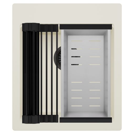 HD Infinity White 43 egymedencés gránit mosogatótálca szett, matt fekete csepegtetőráccsal és krómozott kosárral, tört fehér színben, matt fekete leeresztő szifonnal