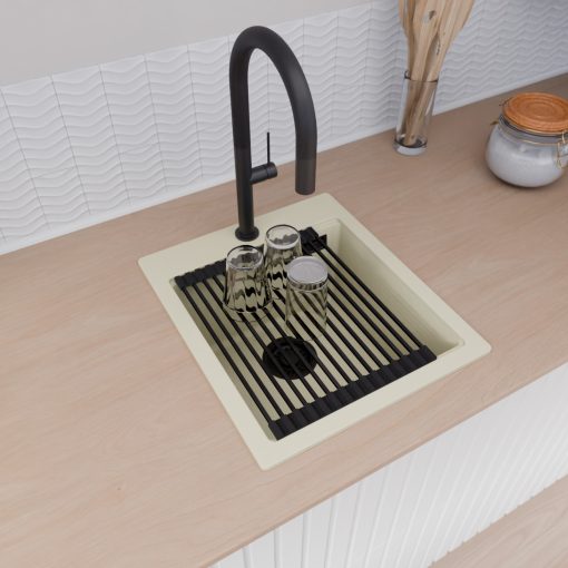 HD Infinity White 43 egymedencés gránit mosogatótálca szett, matt fekete csepegtetőráccsal, tört fehér színben, matt fekete leeresztő szifonnal