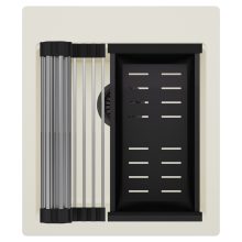 HD Infinity White 43 egymedencés gránit mosogatótálca szett, acél csepegtetőráccsal és matt fekete kosárral, tört fehér színben, matt fekete leeresztő szifonnal