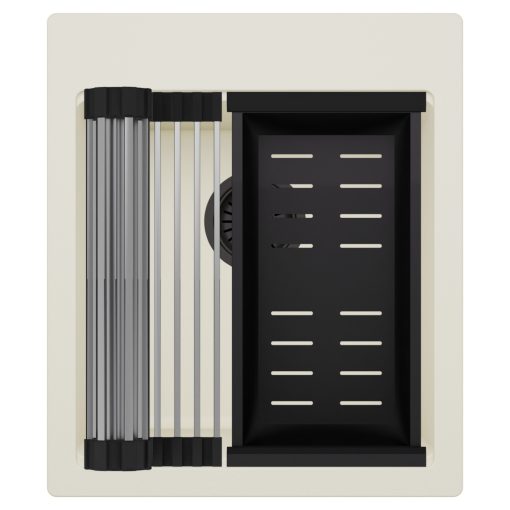 HD Infinity White 43 egymedencés gránit mosogatótálca szett, acél csepegtetőráccsal és matt fekete kosárral, tört fehér színben, matt fekete leeresztő szifonnal