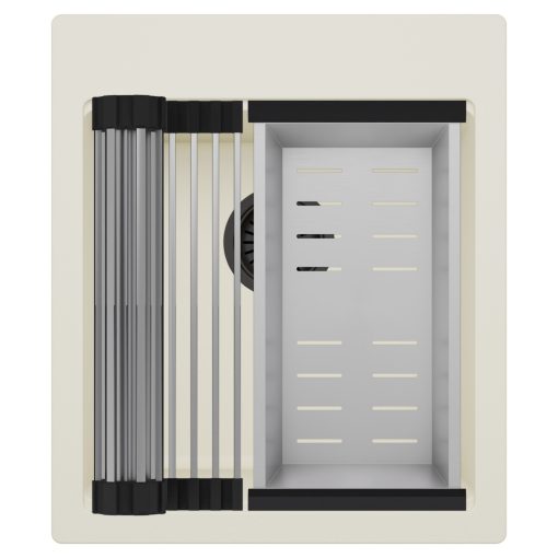 HD Infinity White 43 egymedencés gránit mosogatótálca szett, acél csepegtetőráccsal és kosárral, tört fehér színben, matt fekete leeresztő szifonnal