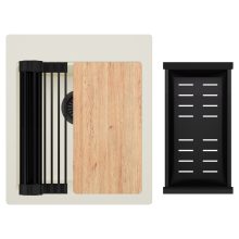 HD Infinity White 43 egymedencés gránit mosogatótálca szett, vágódeszkával, matt fekete csepegtetőráccsal és kosárral, tört fehér színben, matt fekete leeresztő szifonnal