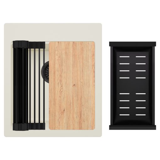 HD Infinity White 43 egymedencés gránit mosogatótálca szett, vágódeszkával, matt fekete csepegtetőráccsal és kosárral, tört fehér színben, matt fekete leeresztő szifonnal