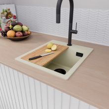 HD Infinity White 43 egymedencés gránit mosogatótálca szett, vágódeszkával, matt fekete csepegtetőráccsal és kosárral, tört fehér színben, matt fekete leeresztő szifonnal