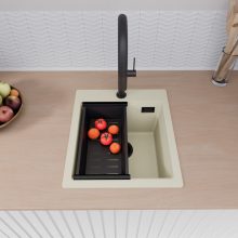 HD Infinity White 43 egymedencés gránit mosogatótálca szett, vágódeszkával, matt fekete csepegtetőráccsal és kosárral, tört fehér színben, matt fekete leeresztő szifonnal